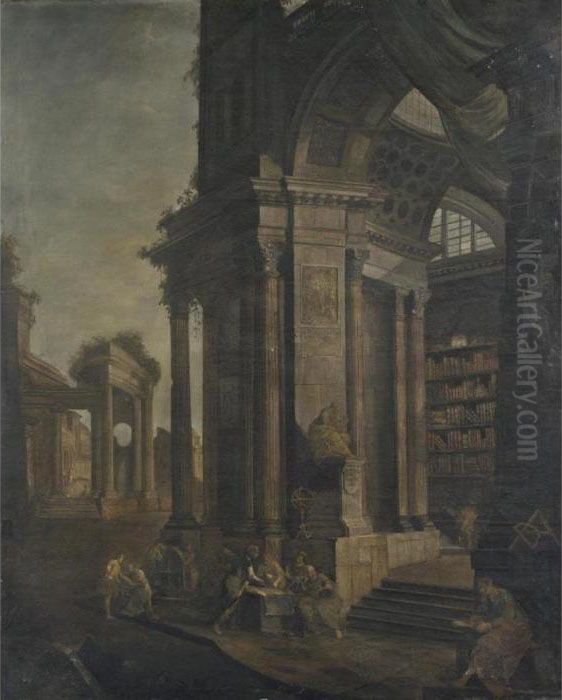 Veduta Fantastica Con Antica Biblioteca E Filosofi Oil Painting by Pietro (Il Mirandolese) Paltronieri