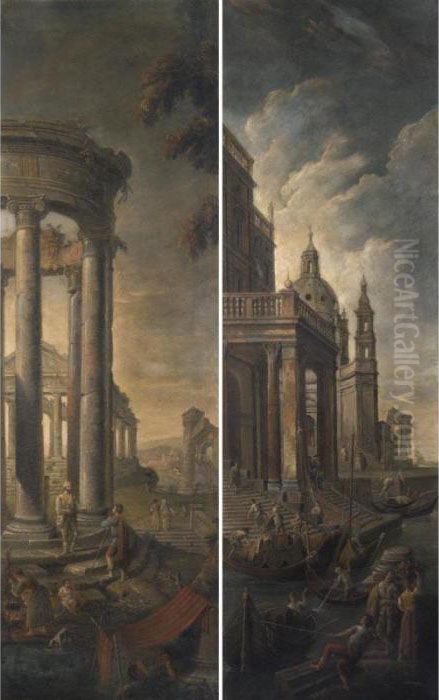 Capriccio Con Ruderi E Templi; Capriccio Con Porto Fluviale E Palazzi Oil Painting by Pietro (Il Mirandolese) Paltronieri