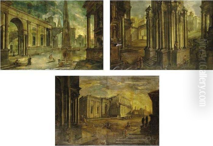 Architectural Capriccios: Three Paintings Oil Painting by Pietro (Il Mirandolese) Paltronieri