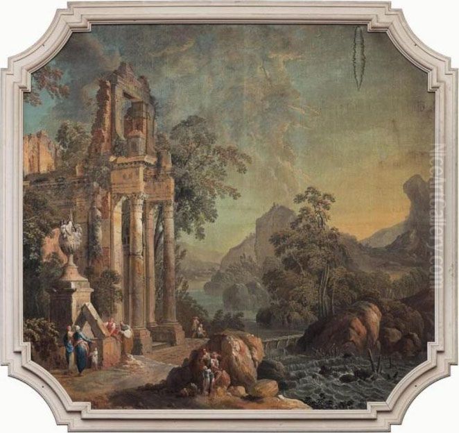 Paesaggio Fluviale Con Rovine Architettoniche E Figure Oil Painting by Pietro (Il Mirandolese) Paltronieri