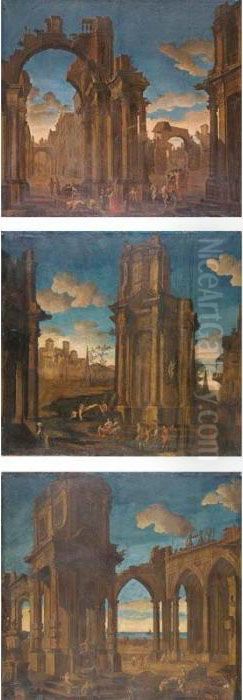 Capricci With Figures Among Classical Ruins Oil Painting by Pietro (Il Mirandolese) Paltronieri