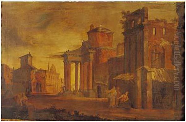 <paysage De Caprices Architecturaux Anime De Personnages>. Oil Painting by Pietro (Il Mirandolese) Paltronieri