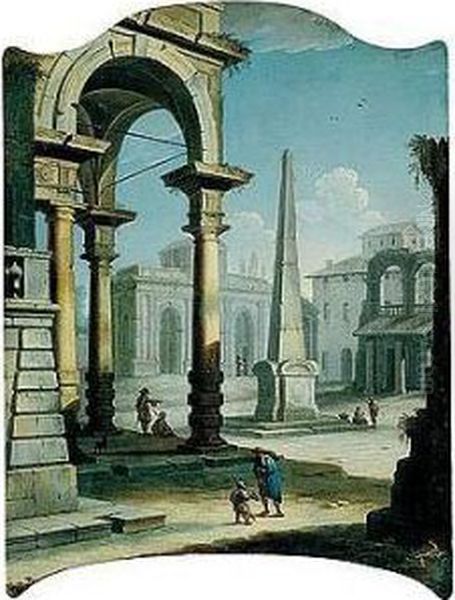 Architecutural Capriccio With A Figure Giving Alms To A Young Beggar In A Piazza Oil Painting by Pietro (Il Mirandolese) Paltronieri