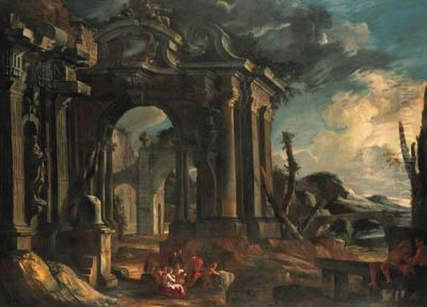 An Architectural Capriccio With Peasants Oil Painting by Pietro (Il Mirandolese) Paltronieri