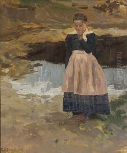 Nachdenkliches Bauernmadchen Am
 Tumpel. Oil Painting by Joszef, Josef Pandur