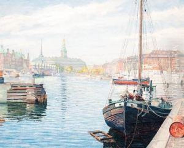 Boats Moored In Copenhagen Oil Painting by Robert Panitzsch