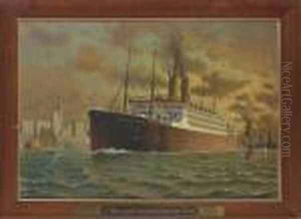 A Mammouth Hamburg-american 
Liner; The Kaiserin Auguste Victoriaentering In New York Harbor Oil Painting by Fred Pansing