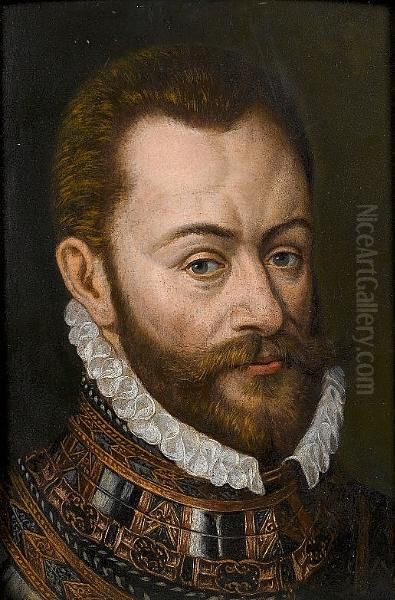 Portrait Of Phillip Ii Of Spain,
 Bust-length In Armour And A White Collar; And Portrait Of Ferdinand I, 
Bust-length, In Armour And A White Collar Oil Painting by Juan Pantoja de la Cruz