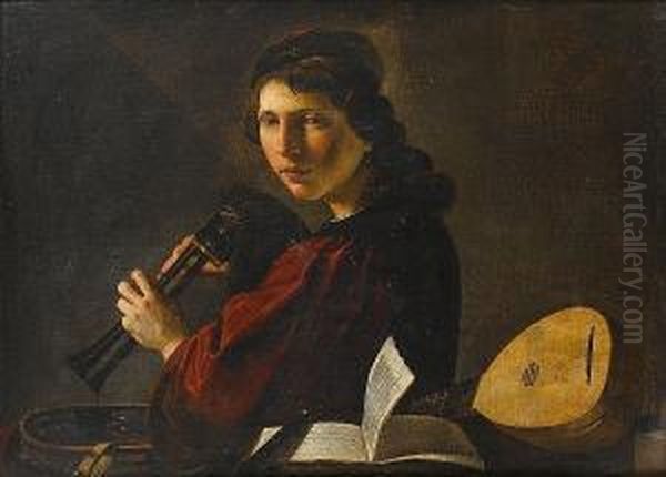 A Young Man Holding Bagpipes 
Standing Beside A Table With A Lute, A Tambourine And A Book Of Music Oil Painting by Pietro Paolini