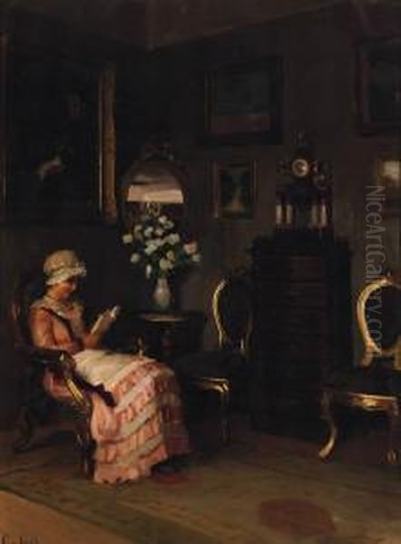 A Girl Reading In A Drawing Room Interior Oil Painting by Emil Pap