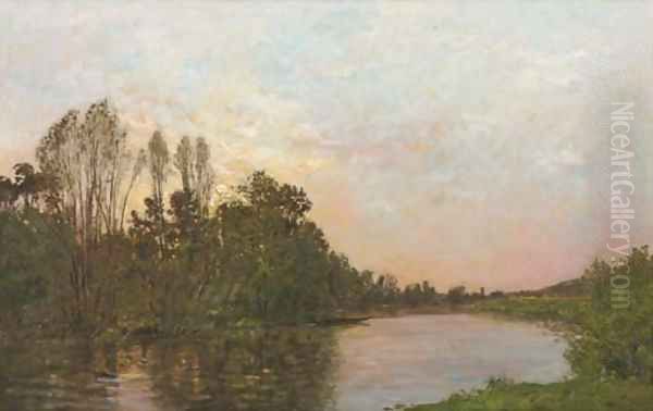 Soleil couchant pres Mantes along a river at dusk Oil Painting by Hippolyte Camille Delpy