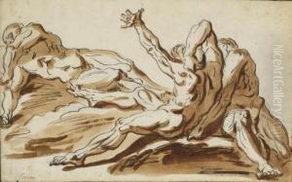 Etude De Trois Hommes Nus A 
Demi-allonges (recto); Un Homme Barbu Assis Et Une Etude De Visage De 
Profil (verso) Oil Painting by Philippe-Louis Parizeau