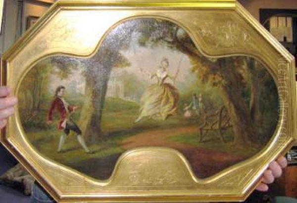 'a Suite On Four Panels, 
Including A Girl On Swing With Otherfigures In The Grounds Of A Fine 
Villa', Oil On Panels, Signed Anddated, 32cm X 63cm , Framed Oil Painting by Edmund Thomas Parris