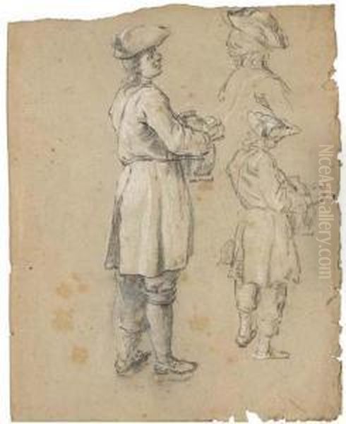 Un Homme De Profil A Droite 
Portant Un Tricorne Et Tenant Un Objet,avec Deux Etudes Subsidiaires Oil Painting by Pierre Parrocel