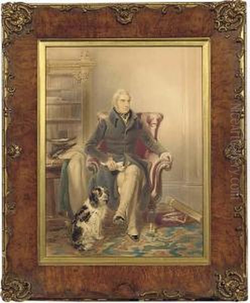 Portrait Of A Gentleman, Seated 
Small Three-quarter-length, In Ablack Coat, In A Library, A Spaniel By 
His Side Oil Painting by John Partridge