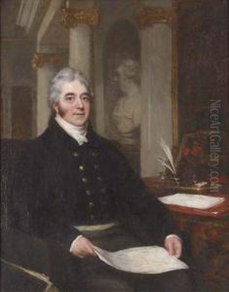 Portrait Of A Gentleman, Small 
Seated Three-quarter-length, Holding Architectural Drawings, In A 
Neo-classical Interior Oil Painting by John Partridge