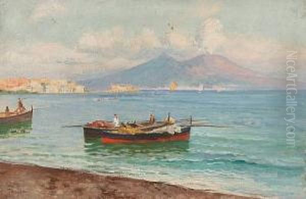 Italian Coastal Scene With 
Fisherman Bringing In The Catch, Together With Another Similar Of 
Fishermen In Sailing Boats By The Shore, A Pair, Unframed Oil Painting by Lazzaro Pasini