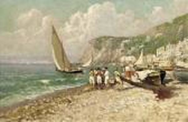A Fishing Village On The Amalfi Coast Oil Painting by Lazzaro Pasini