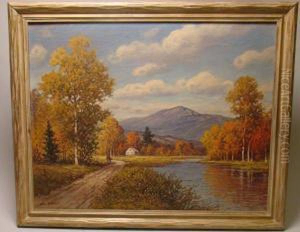 White Mountain Landscape With River And Road In Foreground. Oil Painting by William Frederick Paskell