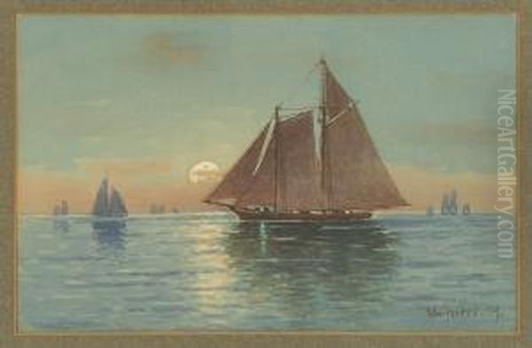 Schooner Under Moonlight Oil Painting by William Frederick Paskell