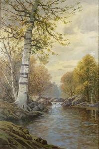 Ariverscape With Tall Birch Tree At Left. Oil Painting by William Frederick Paskell