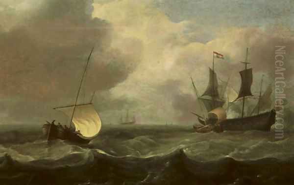 Sailing vessels in a stiff breeze with a man o'war firing a salute Oil Painting by Hendrik Jakobsz. Dubbels