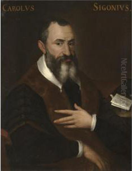 Portrait Of Carlo Sigonio, Half 
Length, Seated, Wearing A Black And Brown Coat With A White Collar Oil Painting by Bartolomeo Passarotti