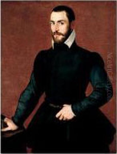 Portrait Of A Gentleman, 
Three-quarter Length, Standing, Wearing Black, Holding A Glove In His 
Right Hand And Resting On A Table Oil Painting by Bartolomeo Passarotti