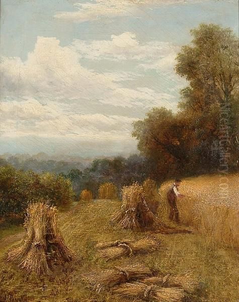Country Landscape With Figure Working In A Hayfield In The Foreground Oil Painting by Charles Henry Passey