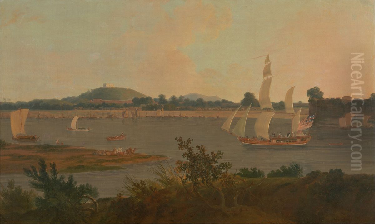 Pinnace Sailing Down the Ganges past Monghyr Fort Oil Painting by Thomas Daniell
