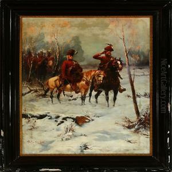 Soldiers Onhorsebacks Are Watching Over The Hungarian Plain On A Winter Day Oil Painting by Laszlo Pataky