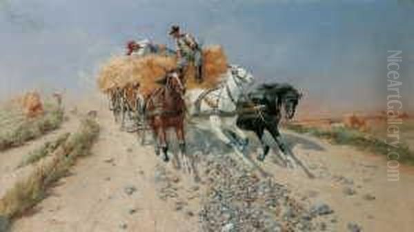 Erntewagen In Der Puszta. Oil Painting by Laszlo Pataky