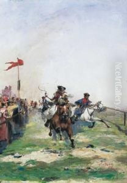 Horse Derby Oil Painting by Laszlo Pataky