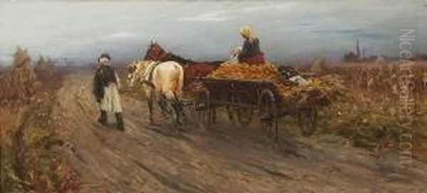 Bauernfamilie Mit Pferdefuhrwerk
 Auf Dem Heimweg. Oil Painting by Laszlo Pataky