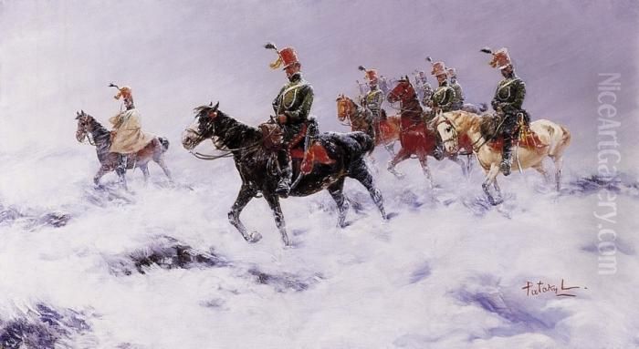 Cavalrymen In Snowstorm Oil Painting by Laszlo Pataky