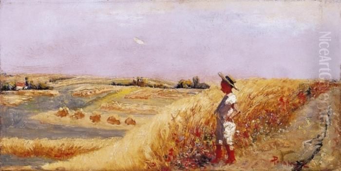 Straw - Hatted Boy In The Field Oil Painting by Laszlo Pataky