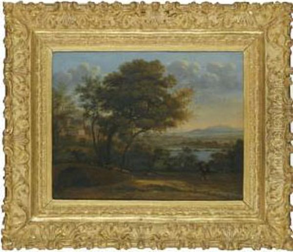 A Classical Landsacpe With A 
Fortified Town To The Left And A Shepherd Driving His Flock Over Bridge Oil Painting by Pierre-Antoine Patel