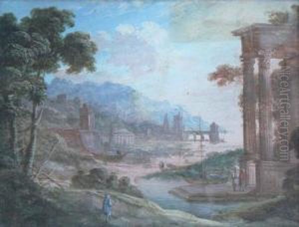 Paire De Gouaches Xviiieme 
Representant Des Scenes Animees Pres Des Ruines, Signes, Au Dos Un 
Numero Manuscrit : 1685, 23,5 X 17,5 Cm Oil Painting by Pierre-Antoine Patel
