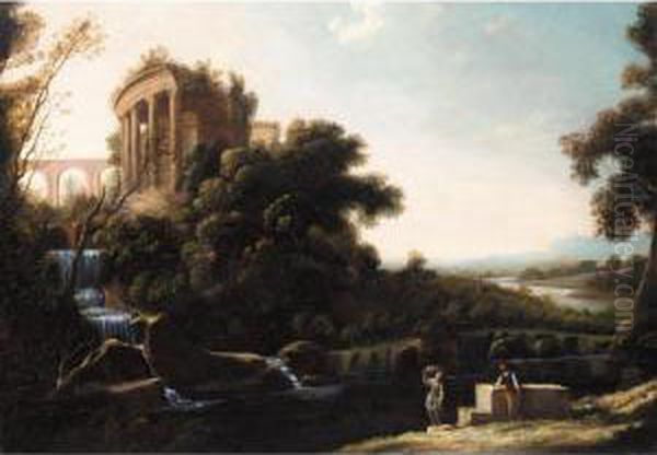 A River Landscape With Figures 
Resting Beneath A Capriccio View Of The Temple Of Vesta At Tivoli Oil Painting by Pierre-Antoine Patel
