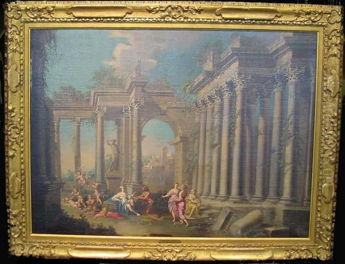 Figures Amongst Classical Ruins Oil Painting by Pierre-Antoine Patel