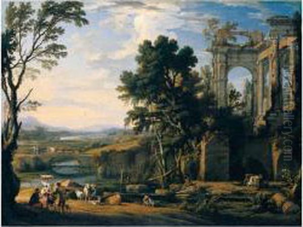 A Classical Landscape With 
Drovers And Animals Resting On The Banks Of A River Before A Set Of 
Ruins, Animals And Figures Crossing A Bridge Beyond Oil Painting by Pierrele Bon I Patel