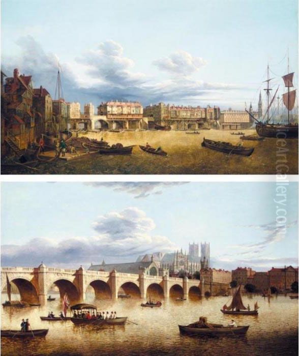 A View Of Westminster Bridge 
With The Lord Mayor's Barge In The Foreground And Westminster Abbey 
Beyond; And A View Of London Bridge Oil Painting by John Paul
