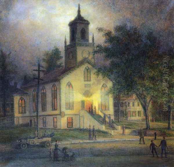 Lecure Night at the Baptist Church, Port Jefferson Oil Painting by William Davis