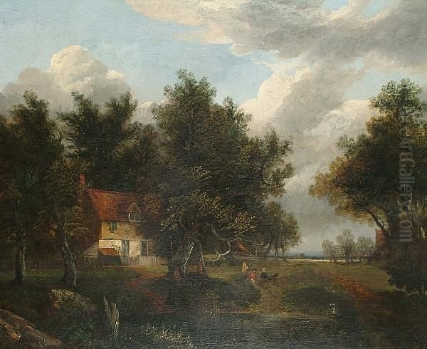 Wooded Country Landscape With House And Figures In The Foreground Oil Painting by Joseph Paul