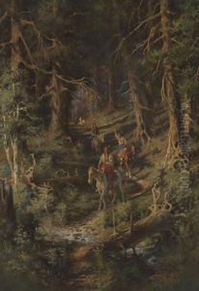 Indians In A Forest Oil Painting by Edgar Samuel Paxson