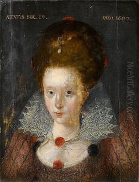Portrait Of A Young Lady, Aged 
19, Bust-length, In A Crimson Embroidered Dress With A White Lace Collar
 And Pearl Earrings Oil Painting by Robert Peake
