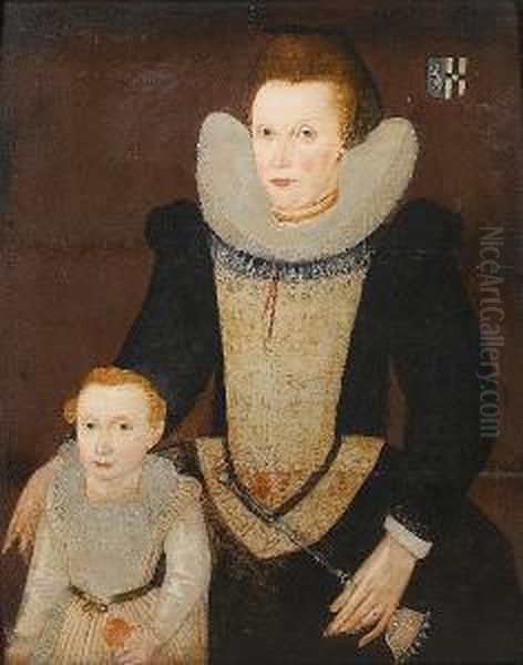 Portrait Of A Lady, 
Three-quarter-length, In Black Costume With A White Ruff And A Red And 
White Brocaded Stomacher, Her Child Standing At Her Side Oil Painting by Robert Peake