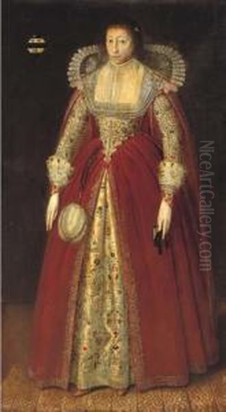 Portrait Of A Lady, Said To Be 
Lady Style, Full-length, In A Red Dress With Elaborately Embroidered 
Under-skirt And Lace Collar And Cuffs, Holding A Prayer Book In Her Left
 Hand, In An Interior Oil Painting by Robert Peake