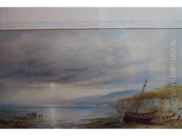 Beached Fishing Boats And Figures On The
North Cumberland Coast Oil Painting by Cornelius Pearson