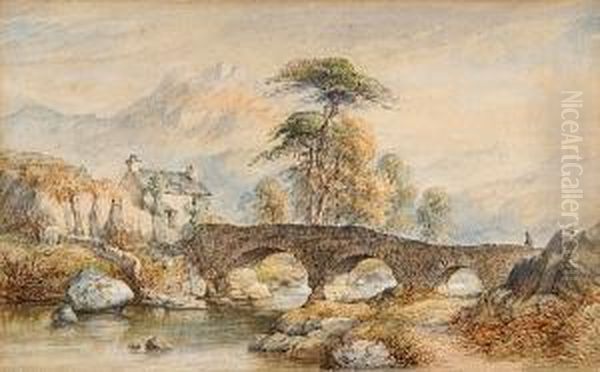 River Landscape With Stone Bridge Oil Painting by Cornelius Pearson